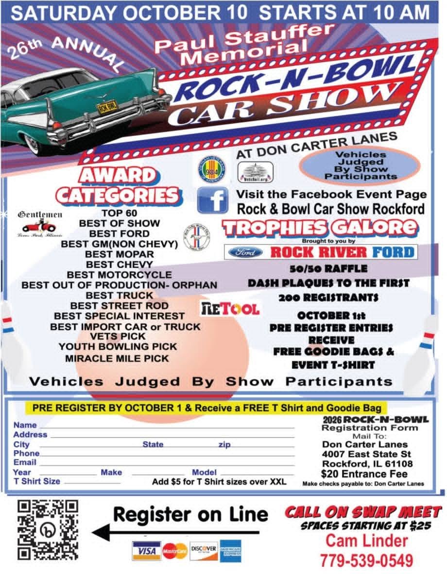 Flyer for 26th Annual Paul Stauffer Memorial Rock-N-Bowl Car Show