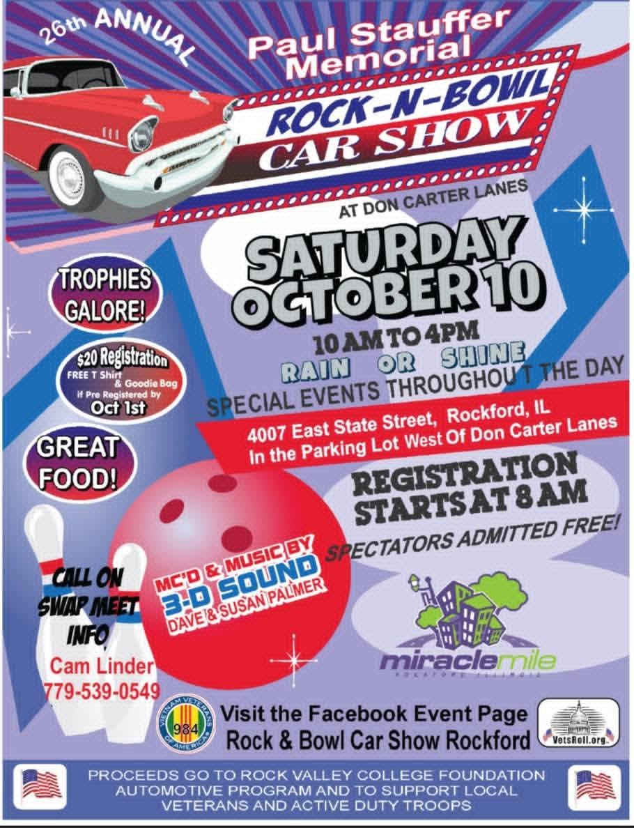 Flyer for 26th Annual Paul Stauffer Memorial Rock-N-Bowl Car Show