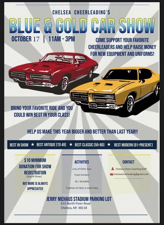 Flyer for Chelsea Cheerleading's Blue & Gold Car Show