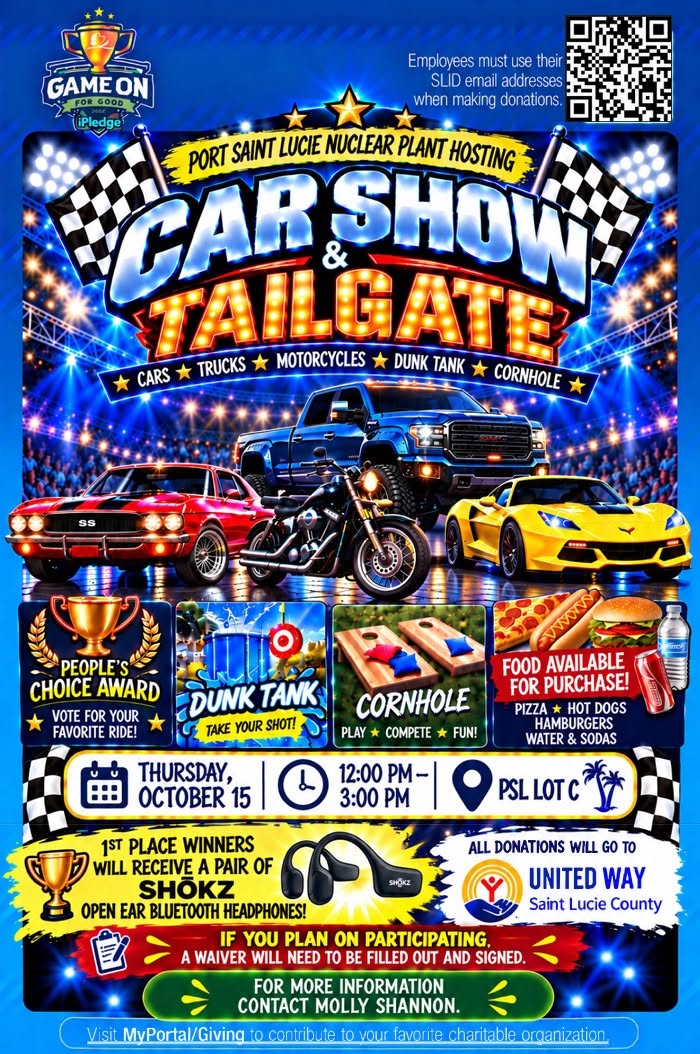 Flyer for Port Saint Lucie Nuclear Plant Hosting Car Show & Tailgate