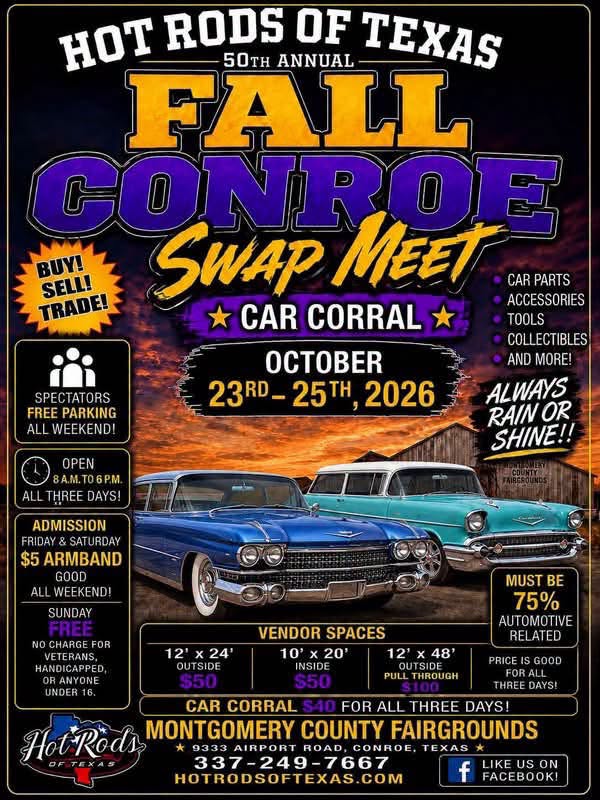 Flyer for Hot Rods of Texas 50th Annual Fall Conroe Swap Meet