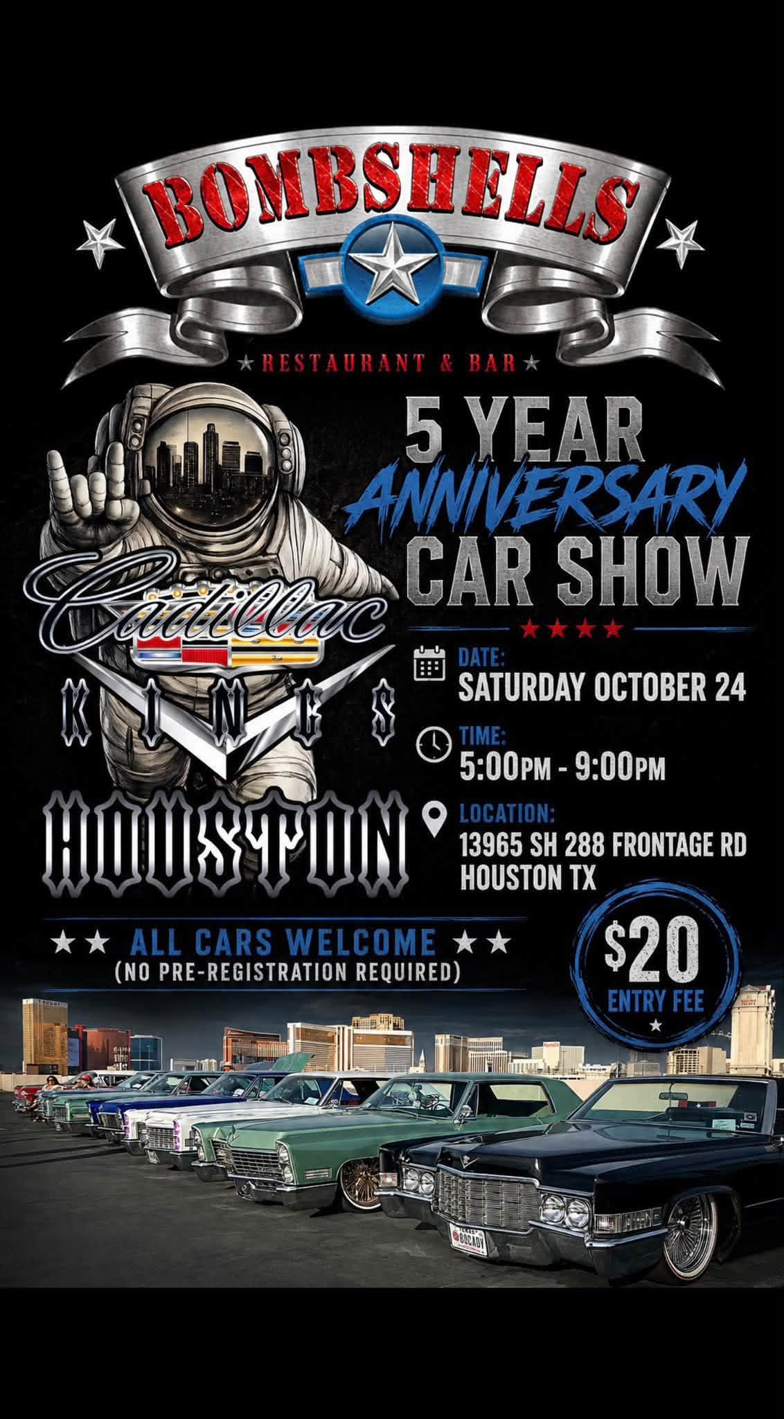 Flyer for Bombshells Restaurant & Bar 5 Year Anniversary Car Show