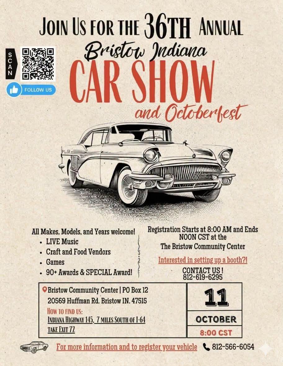 Flyer for 36th Annual Bristow Indiana Car Show and Octoberfest