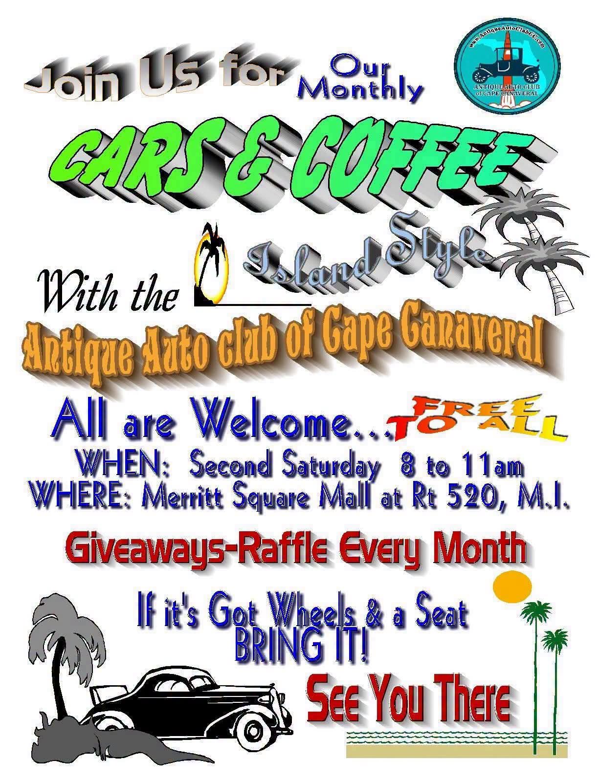 Flyer for Monthly Cars & Coffee with the Antique Auto Club of Cape Canaveral