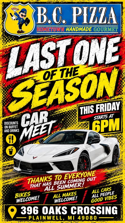 Flyer for B.C. Pizza Last One of the Season Car Meet