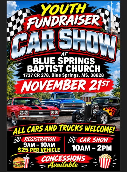 Flyer for Youth Fundraiser Car Show at Blue Springs Baptist Church