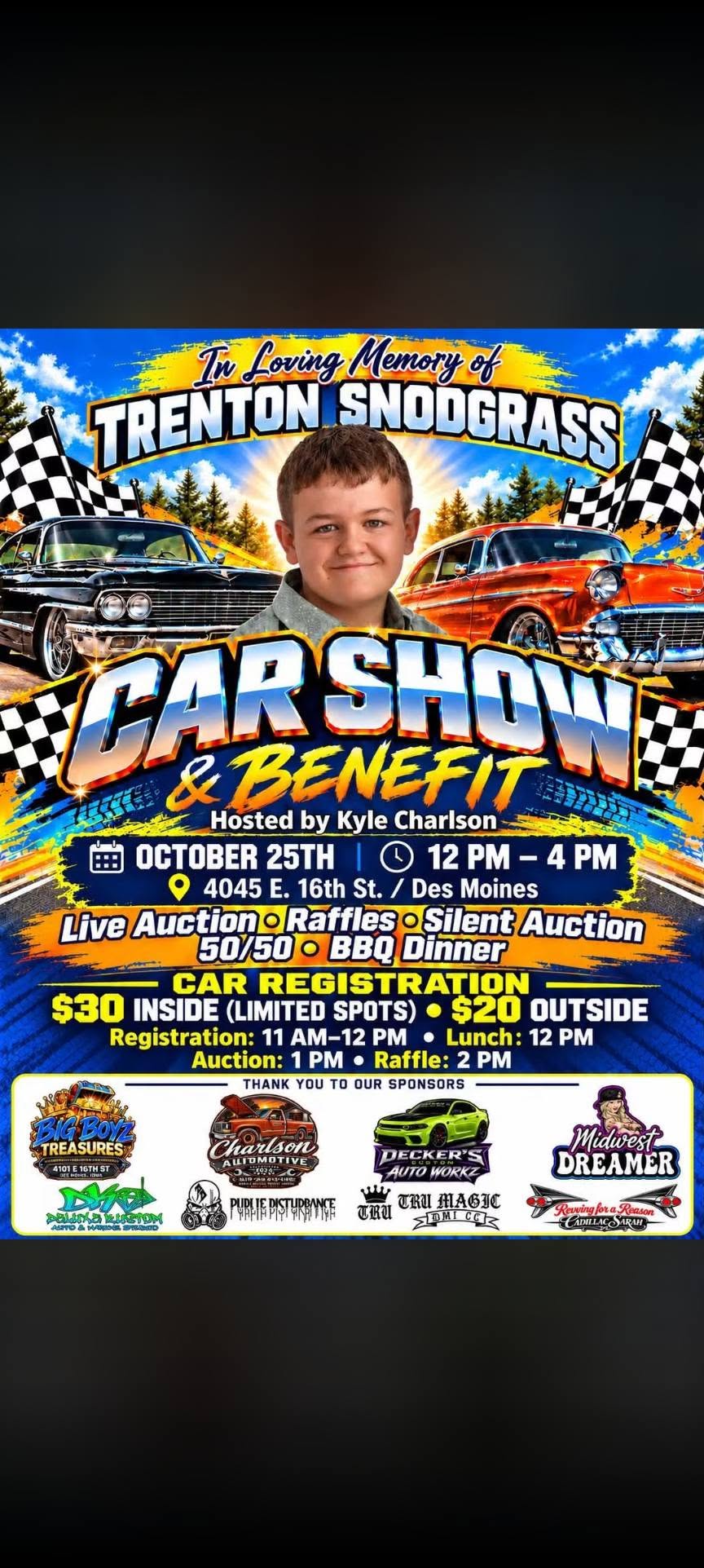 Flyer for In Loving Memory of Trenton Snodgrass Car Show & Benefit