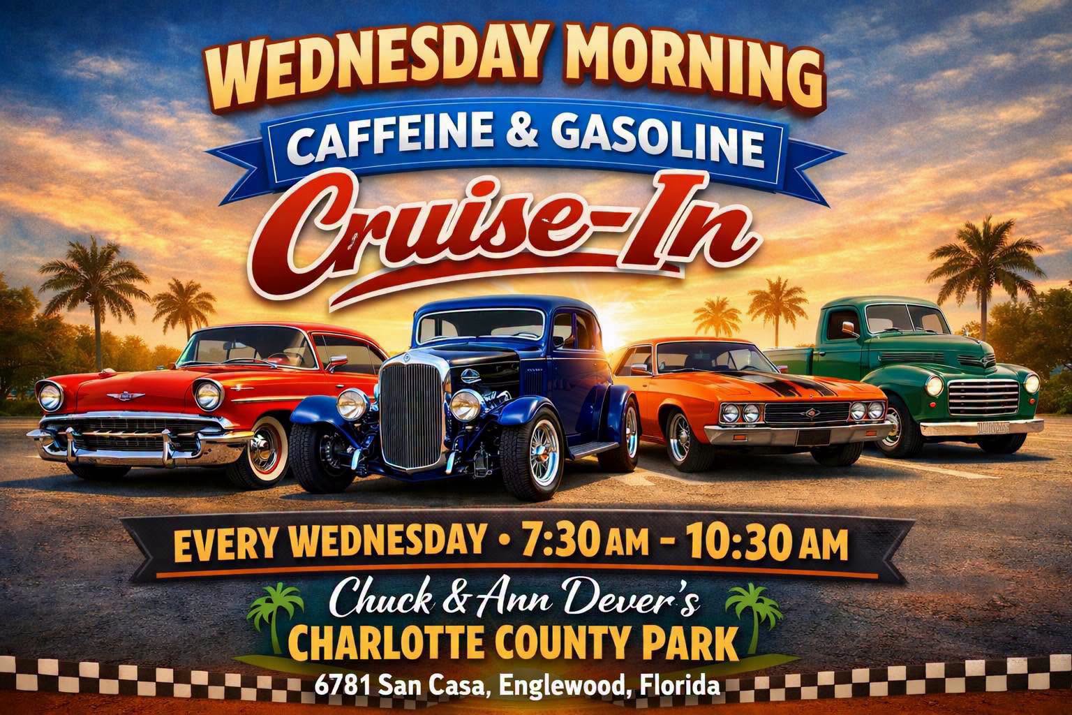 Flyer for Wednesday Morning Caffeine & Gasoline Cruise-In