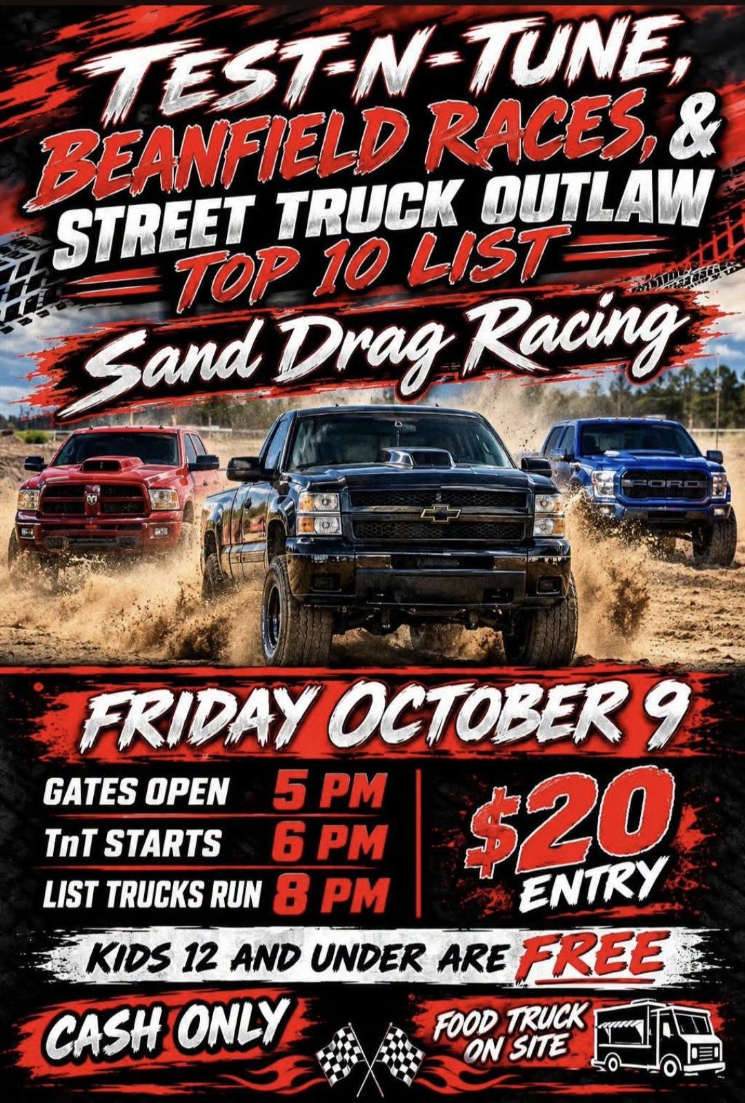 Flyer for Test-N-Tune, Beanfield Races, & Street Truck Outlaw Top 10 List Sand Drag Racing