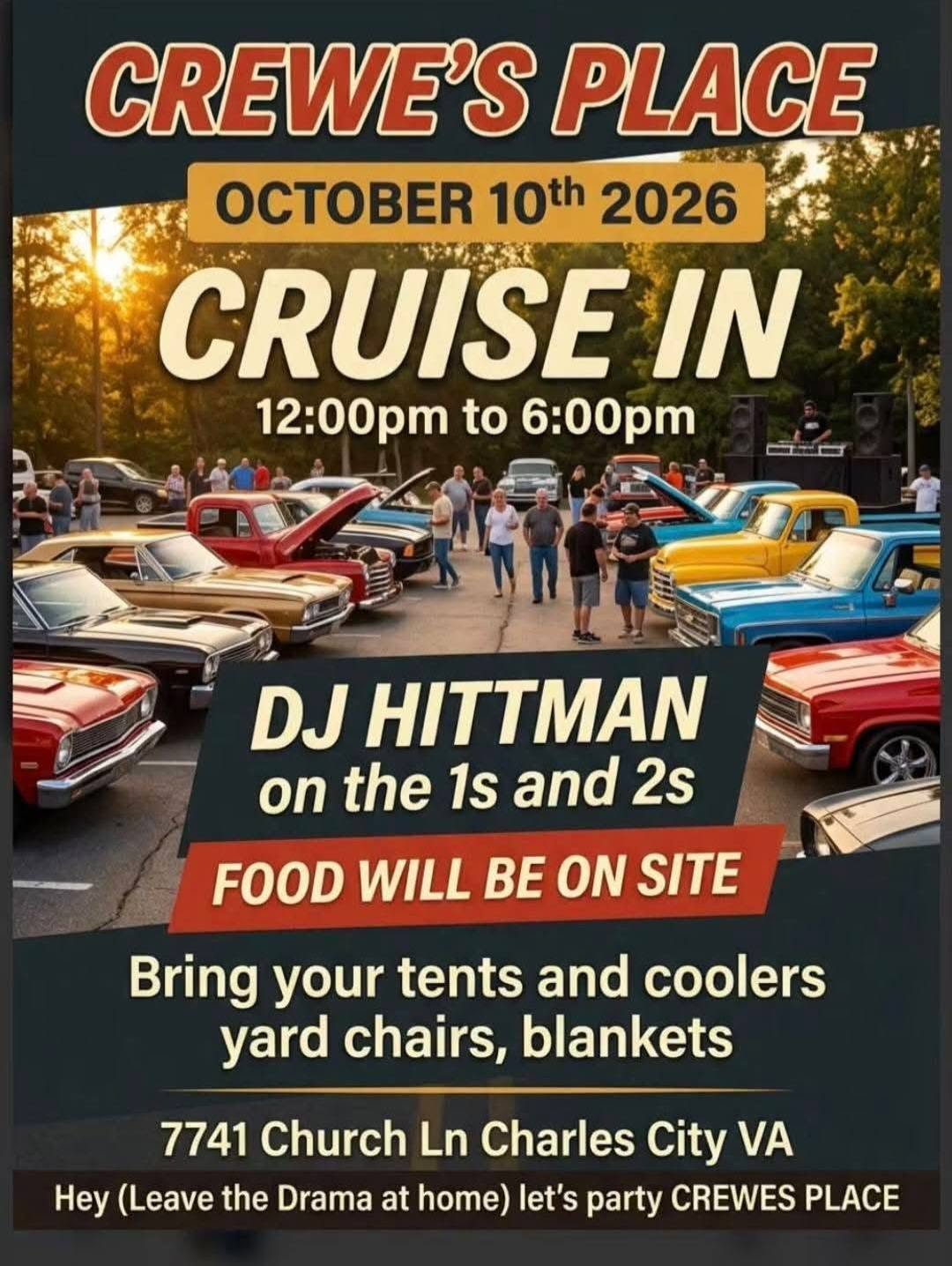 Flyer for Crewe's Place Cruise In