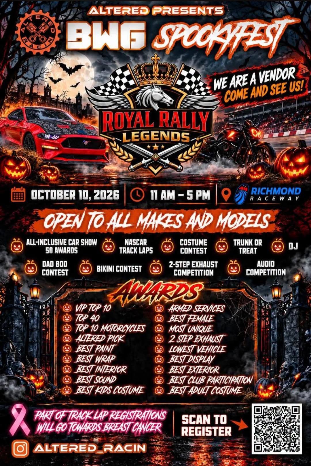 Flyer for Altered Presents BWG Spooktfest Royal Rally Legends