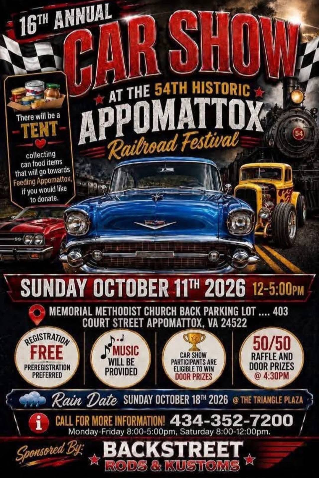 Flyer for 16th Annual Car Show at the 54th Historic Appomattox Railroad Festival