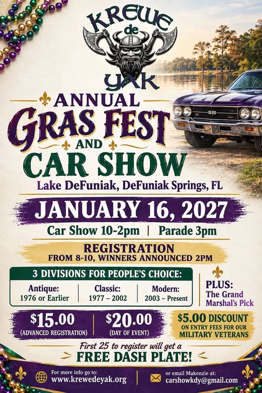 Flyer for Krewe de Yak Annual Gras Fest and Car Show