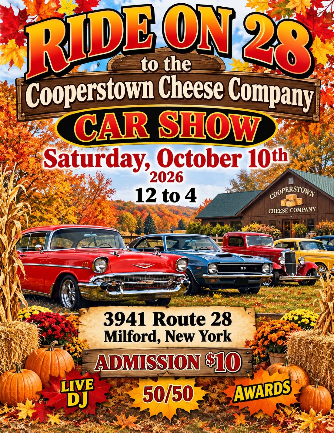 Flyer for Ride on 28 to the Cooperstown Cheese Company Car Show