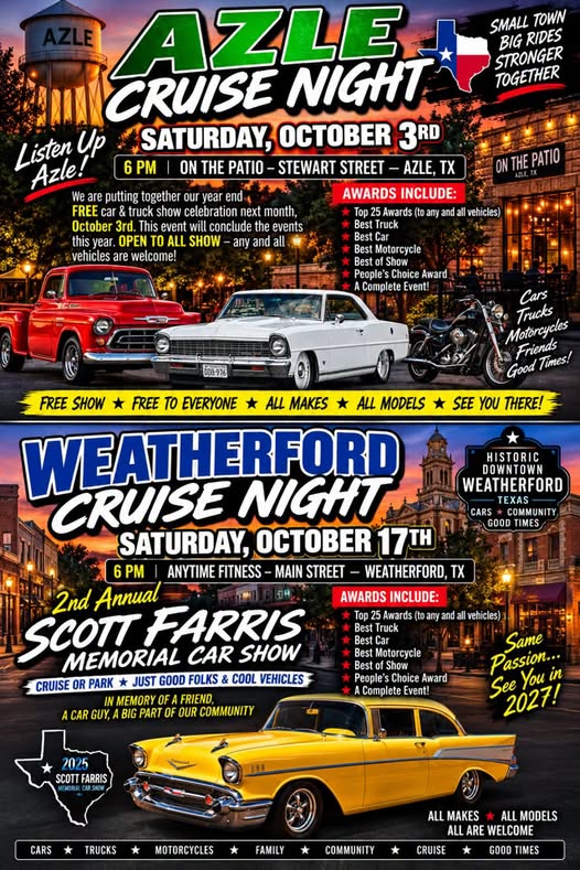 Flyer for Weatherford Cruise Night - 2nd Annual Scott Farris Memorial Car Show