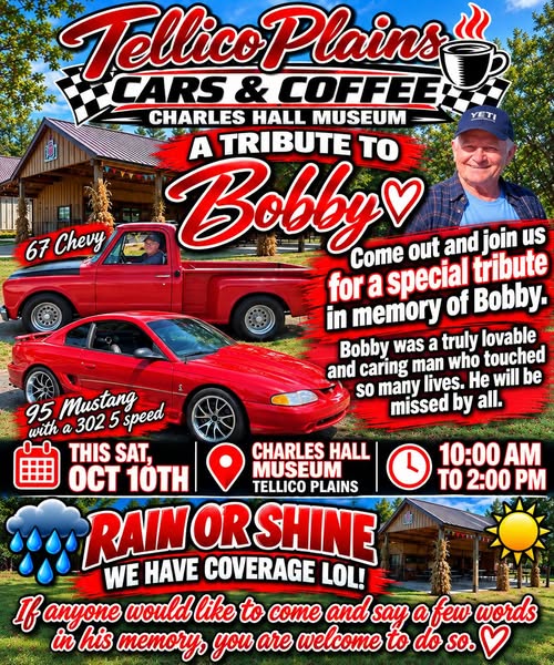 Flyer for Tellico Plains Cars & Coffee - A Tribute to Bobby