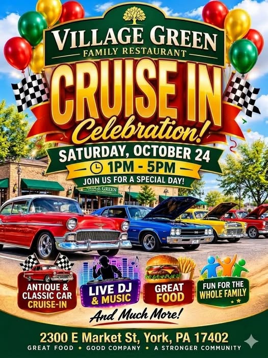 Flyer for Village Green Family Restaurant Cruise In Celebration