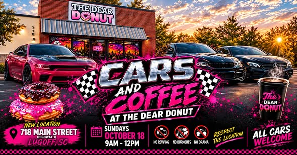 Flyer for Cars and Coffee at The Dear Donut
