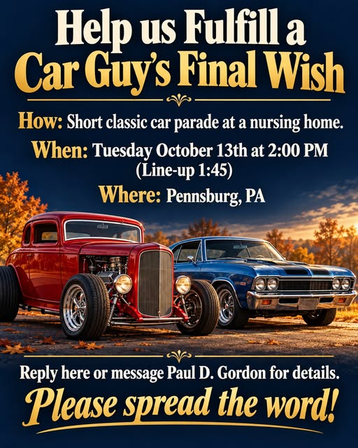 Flyer for Car Guy's Final Wish Classic Car Parade