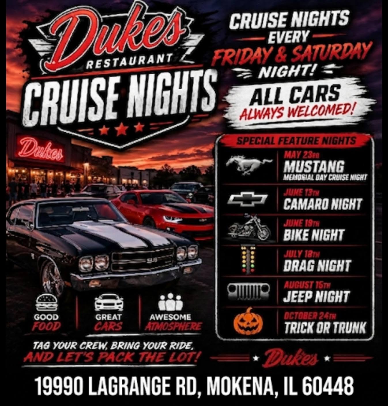Flyer for Dukes Restaurant Cruise Nights