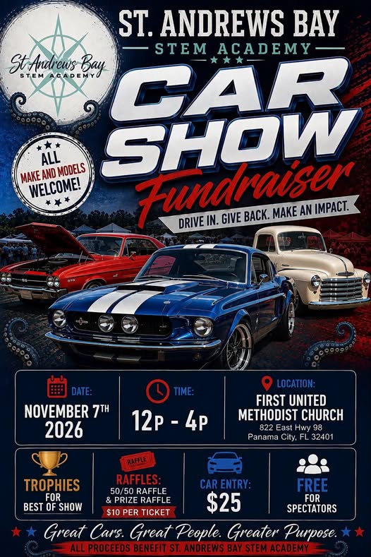 Flyer for St. Andrews Bay STEM Academy Car Show Fundraiser