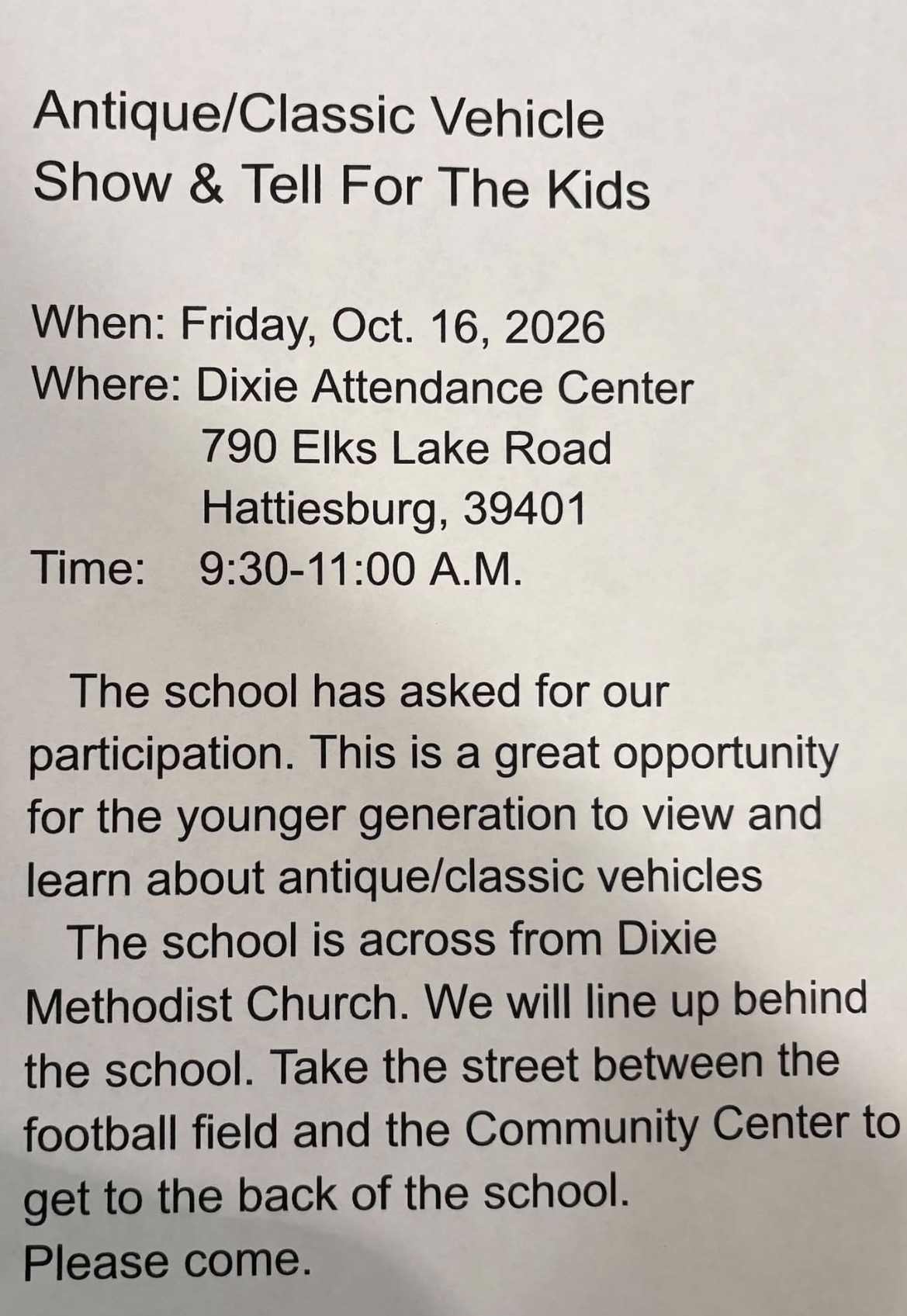 Flyer for Antique/Classic Vehicle Show & Tell For The Kids