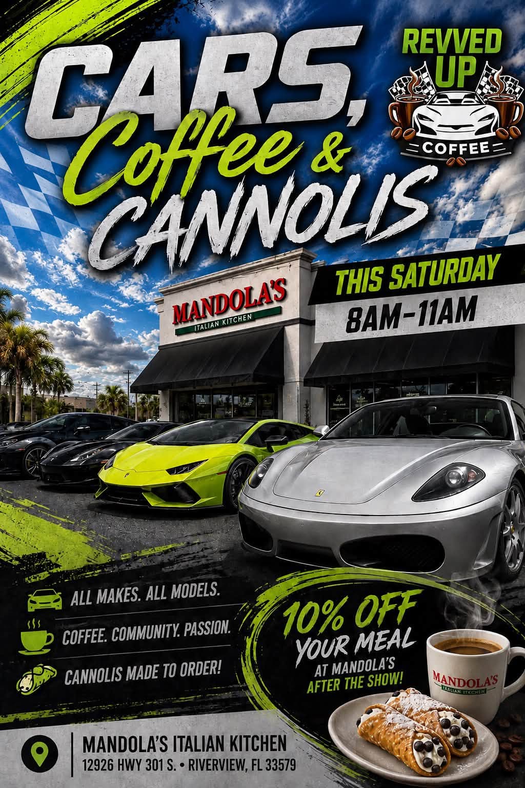 Flyer for Cars, Coffee & Cannolis at Mandola's Italian Kitchen