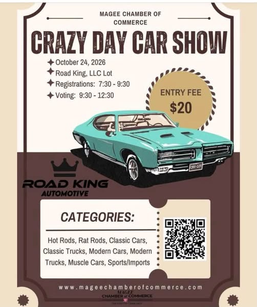 Flyer for Magee Chamber of Commerce Crazy Day Car Show