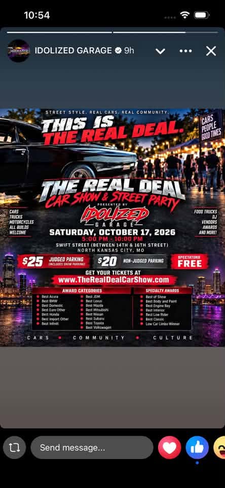 Flyer for The Real Deal Car Show & Street Party presented by Idolized