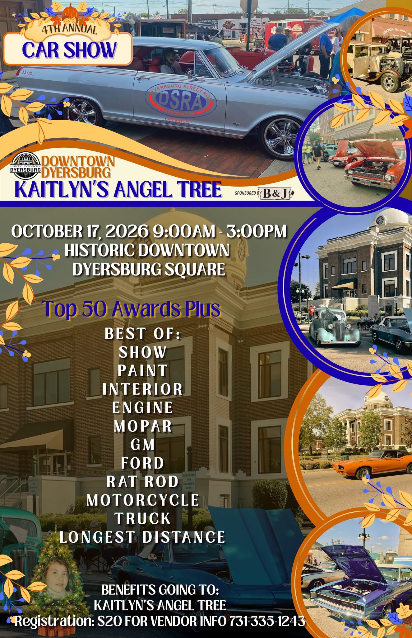 Flyer for 4th Annual Downtown Dyersburg Car Show - Kaitlyn's Angel Tree