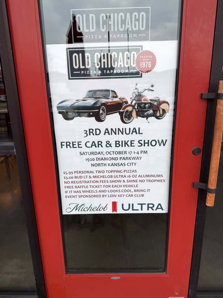 Flyer for Old Chicago Pizza & Taproom 3rd Annual Free Car & Bike Show