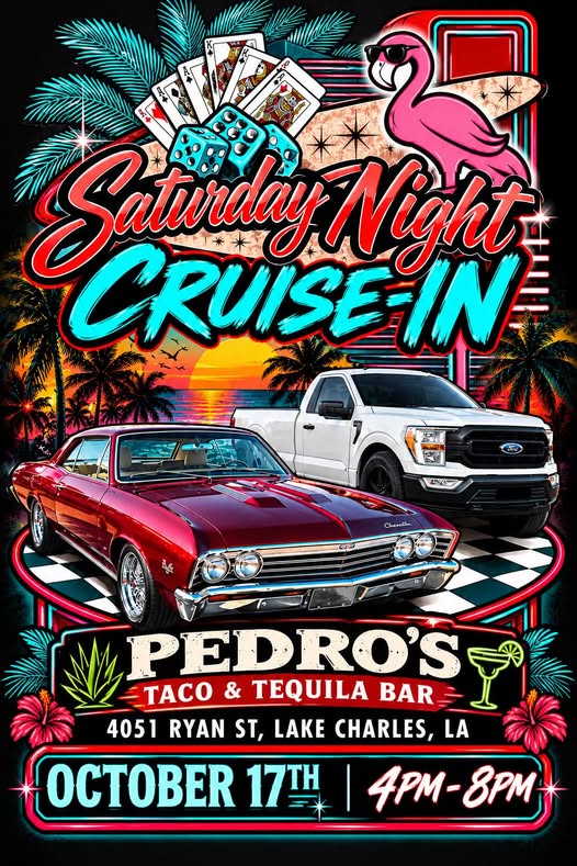 Flyer for Saturday Night Cruise In at Pedro's Taco & Tequila Bar