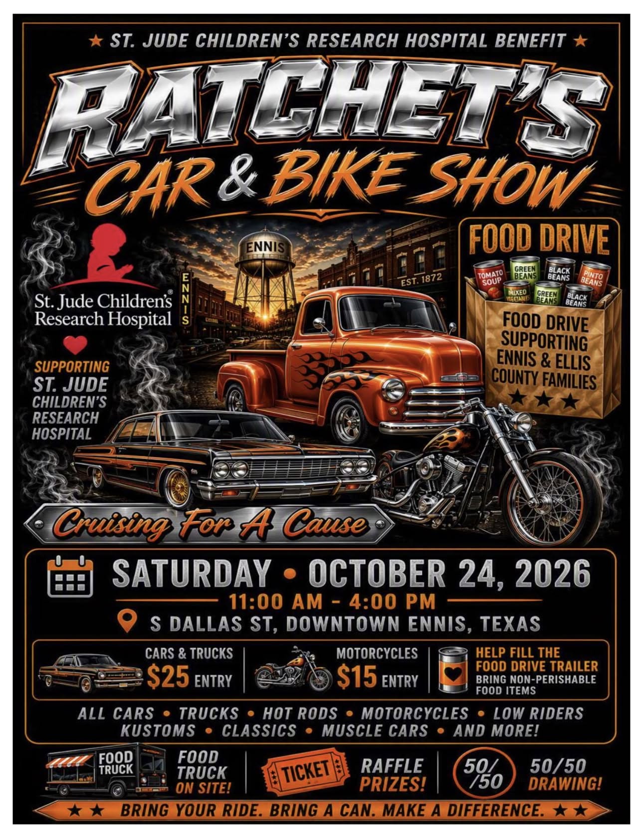 Flyer for Ratchet's Car & Bike Show - St. Jude Children's Research Hospital Benefit