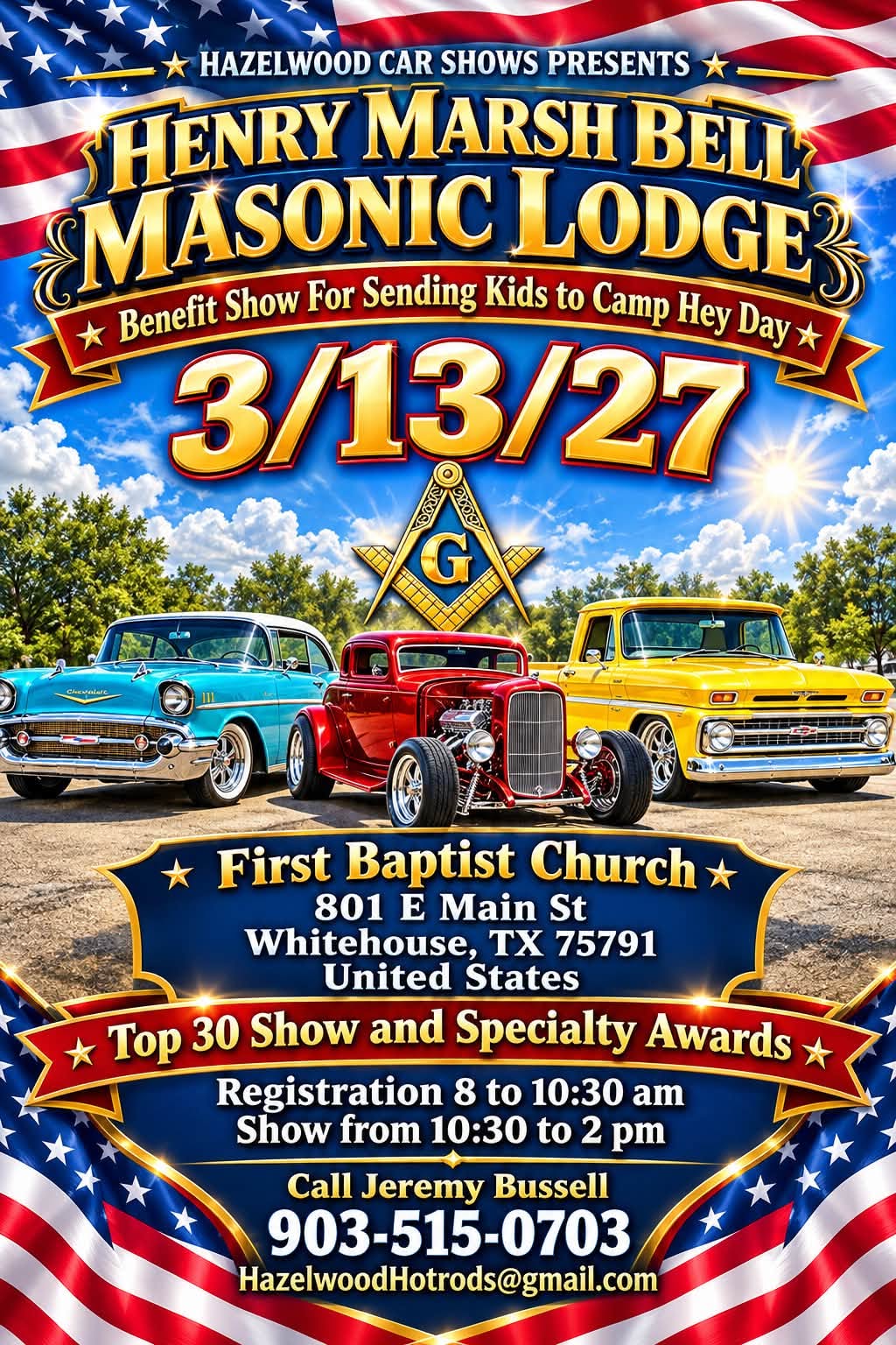 Flyer for Henry Marsh Bell Masonic Lodge Benefit Show For Sending Kids to Camp Hey Day
