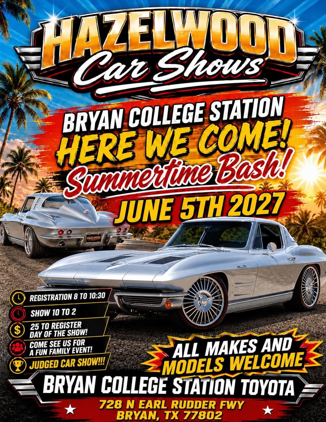 Flyer for Hazelwood Car Shows Bryan College Station Summertime Bash