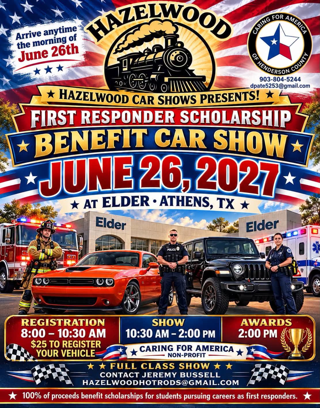 Flyer for Hazelwood First Responder Scholarship Benefit Car Show