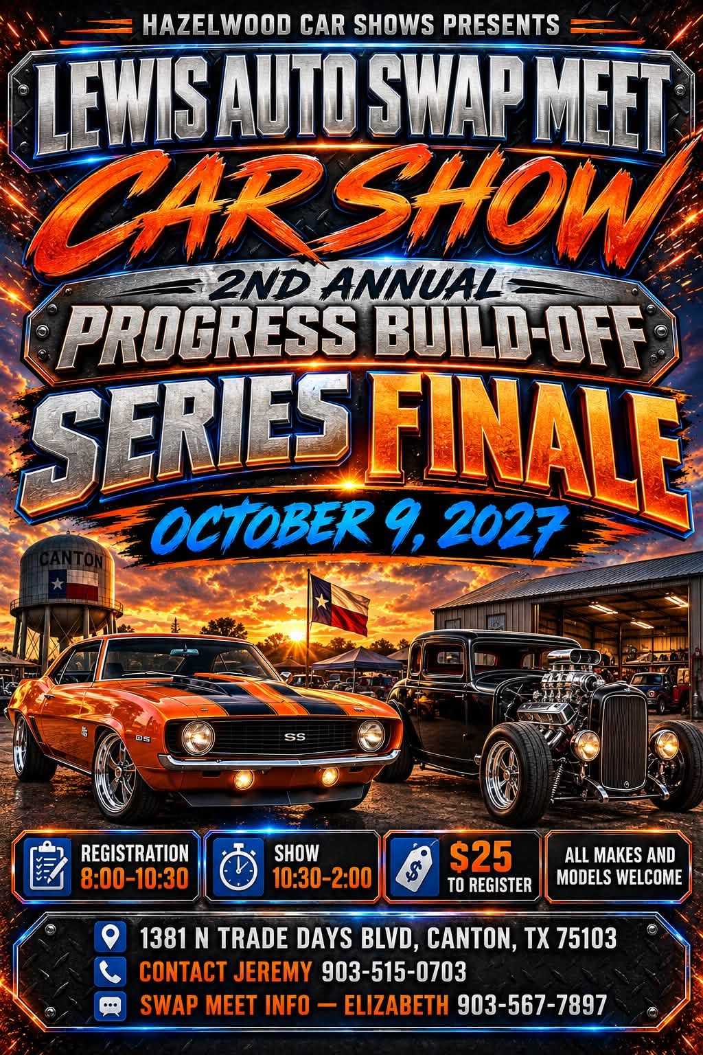 Flyer for Lewis Auto Swap Meet Car Show - 2nd Annual Progress Build-Off Series Finale