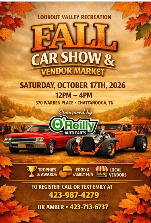 Flyer for Lookout Valley Recreation Fall Car Show & Vendor Market