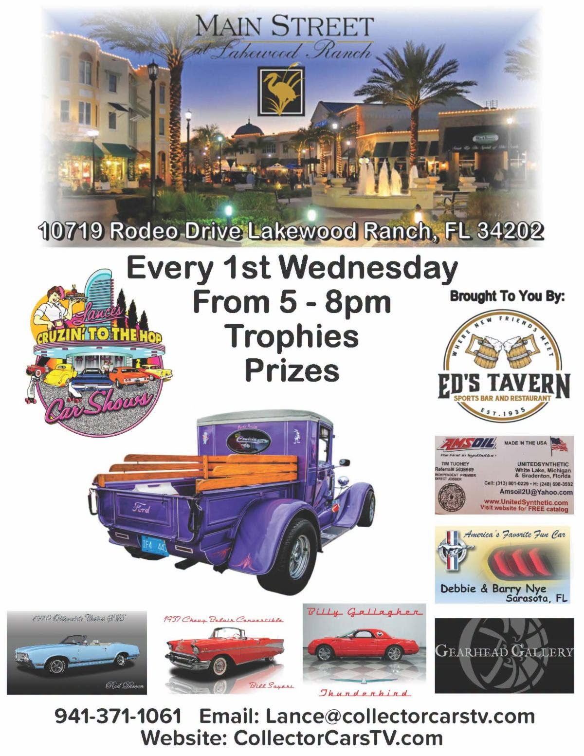 Flyer for Cruzin' to the Hop Car Show at Main Street Lakewood Ranch