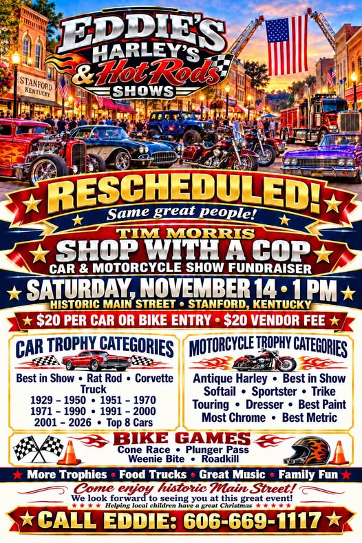 Flyer for Eddie's Harley's & Hot Rods Shows - Tim Morris Shop with a Cop Car & Motorcycle Show Fundraiser