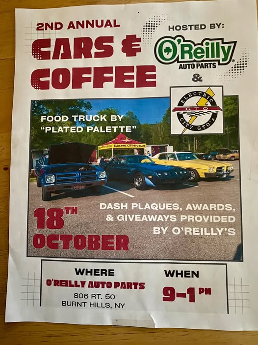 Flyer for 2nd Annual Cars & Coffee at O'Reilly Auto Parts