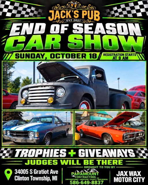 Flyer for Jack's Pub End of Season Car Show