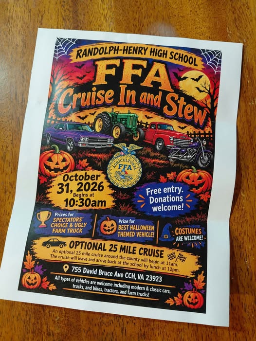 Flyer for Randolph-Henry High School FFA Cruise In and Stew
