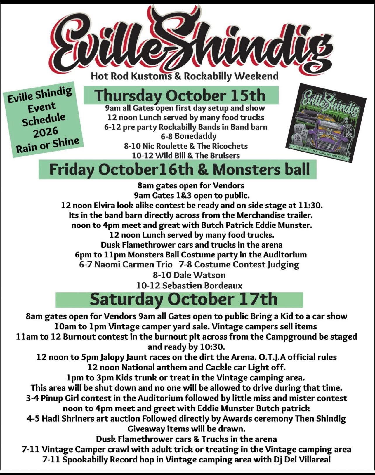 Flyer for Eville Shindig Hot Rod Kustoms & Rockabilly Weekend