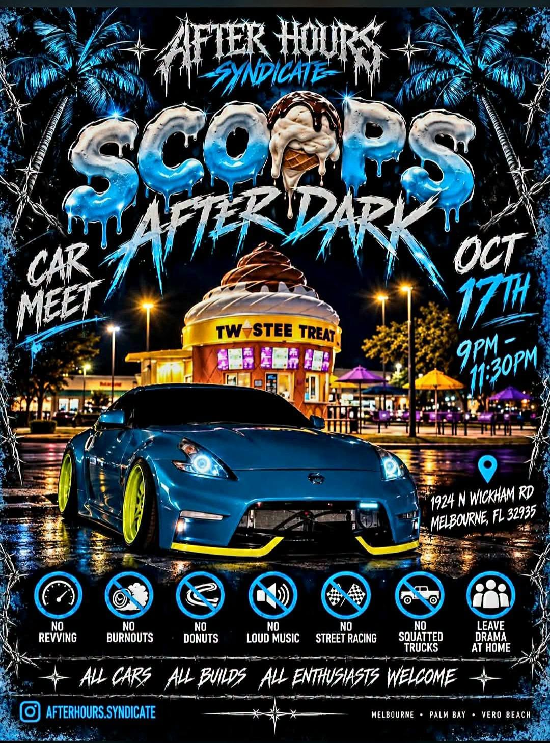 Flyer for After Hours Syndicate Scoops After Dark Car Meet