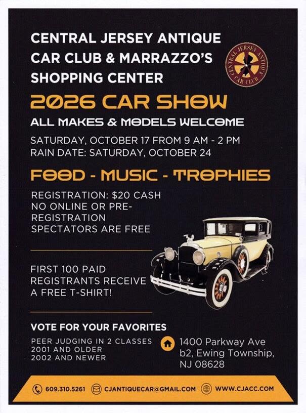 Flyer for Central Jersey Antique Car Club & Marrazzo's Shopping Center 2026 Car Show