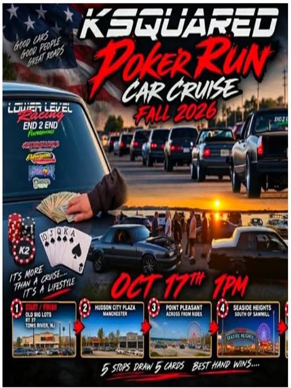 Flyer for K Squared Poker Run Car Cruise