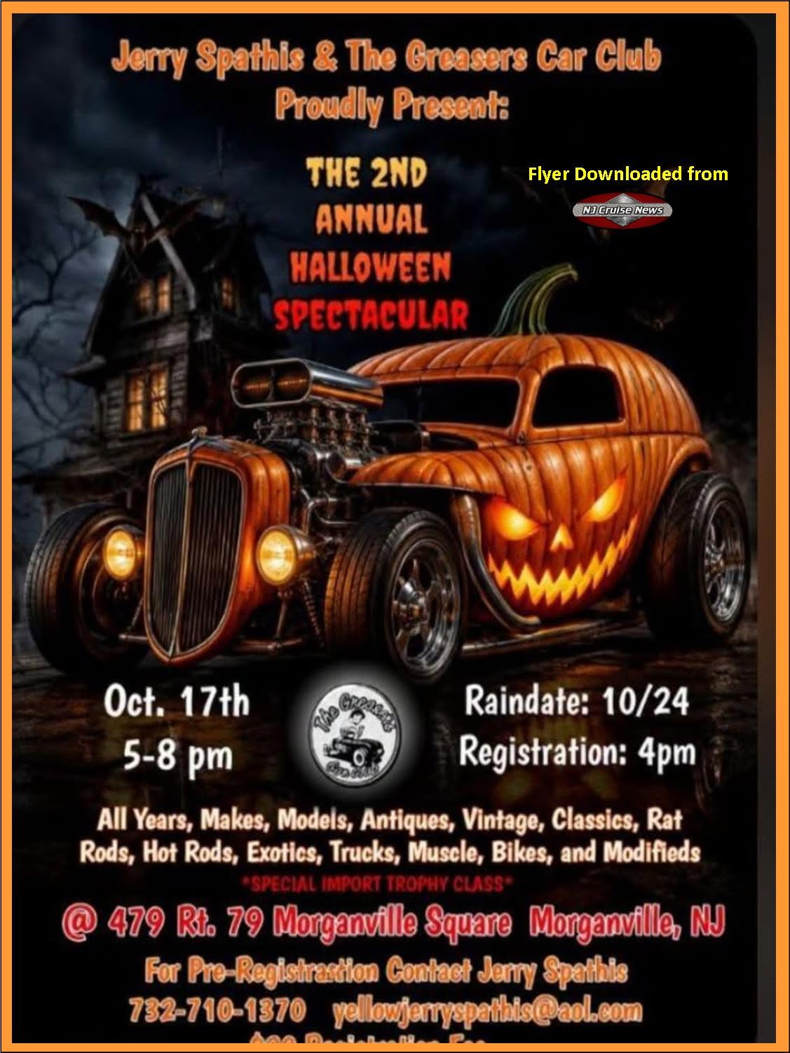 Flyer for Jerry Spathis & The Greasers Car Club 2nd Annual Halloween Spectacular