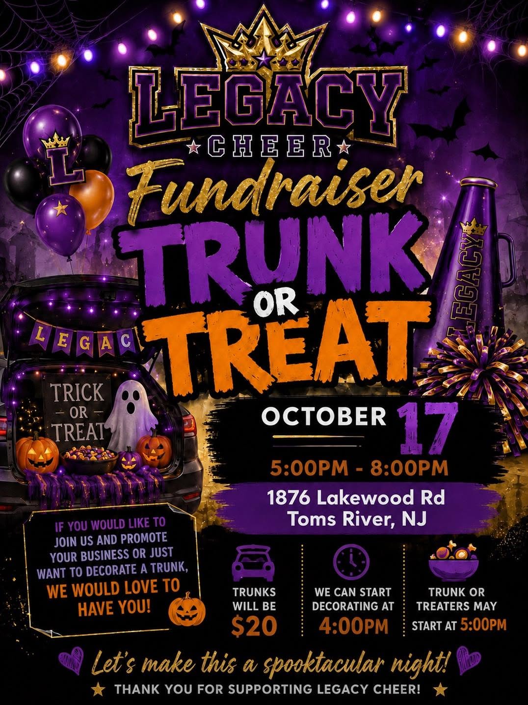 Flyer for Legacy Cheer Fundraiser Trunk or Treat