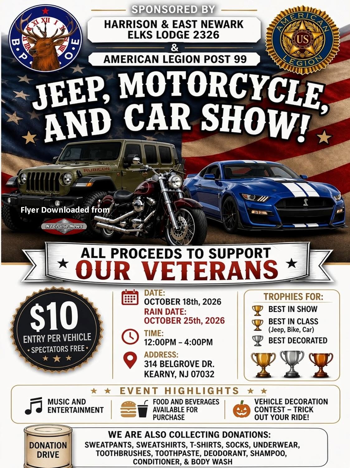 Flyer for Harrison & East Newark Elks Lodge 2326 Jeep, Motorcycle, and Car Show
